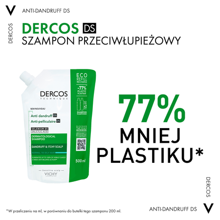 VICHY DERCOS DS Szampon Przeciwłupieżowy Włosy normalne i przetłuszczające REFILL, 500ml