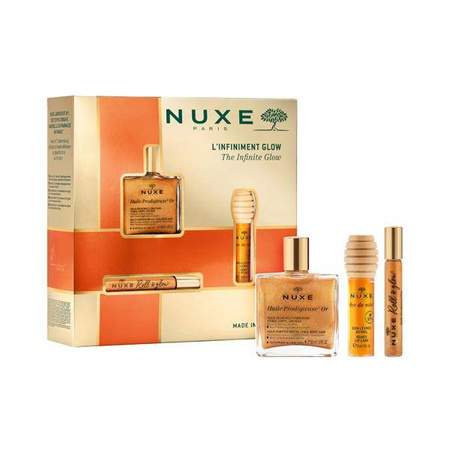 Nuxe L'Infiniment Glow .Huile Prodigieuse Or 50ml + Huile Prodigieuse Or Format Roll-On 8ml + Reve de miel Miodwy Olejek do ust, 10ml