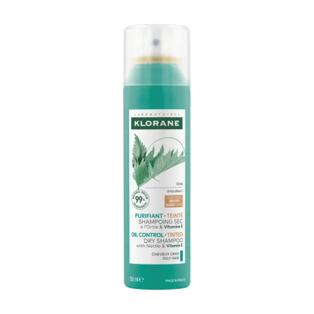Klorane Suchy Szampon z pokrzywą i witaminą E do włosów ciemnych, 150ml