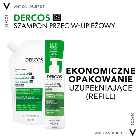 VICHY DERCOS DS Szampon Przeciwłupieżowy Włosy normalne i przetłuszczające REFILL, 500ml