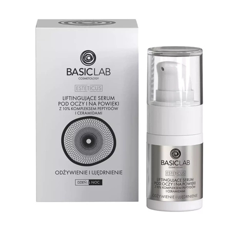 BasicLab Liftingujące serum pod oczy i na powieki z 10% kompleksem peptydów i ceramidami odżywienie i ujędrnienie, 15 ml