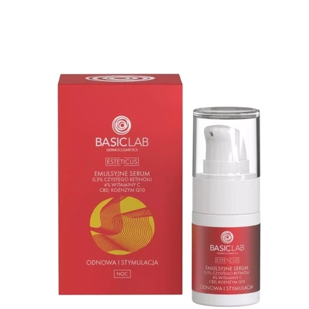 BasicLab Emulsyjne serum z 0,5% czystego retinolu, 4% witaminy C, CBD i koenzymem Q10 odnowa i stymulacja 15 ml 