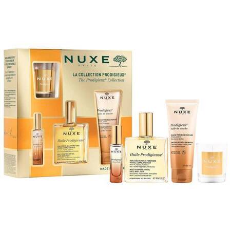 NUXE Prodigieuse Huile Suchy olejek, 100ml+ Olejek pod prysznic,100ml +Woda Perfumowana,15mll + świeca