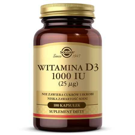 SOLGAR Naturalna witamina D3 25 µg 1000 IU, 100 kapsułek